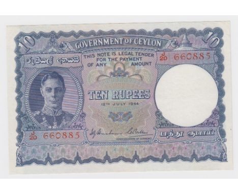 Ceylon 10 Rupees dated 12th July 1944, portrait King George VI at left, Temple of Tooth on reverse, serial J/20 660885 (TBB B