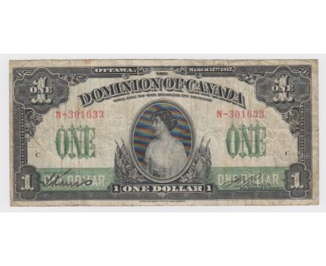 Canada 1 Dollar dated 17th March 1917, signed Boville, portrait Princess Patricia Ramsey at centre, serial N-301633 (Pick32b)