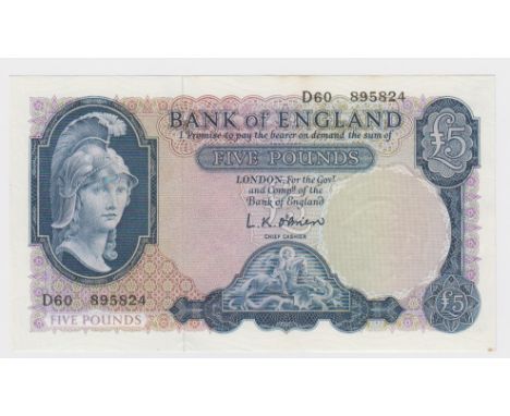 O'Brien 5 Pounds issued 1957, Lion &amp; Key, serial D60 895824 (B277, Pick371a) very light signs of handling, about Uncircul