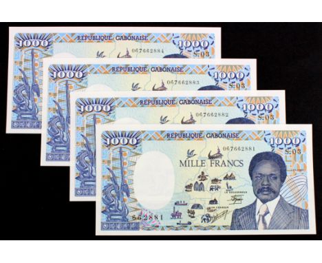 Gabon 1000 Francs (4), dated 1st January 1987, a consecutively numbered run, serial S.03 662881 - S.03 662884 (TBB B209b, Pic