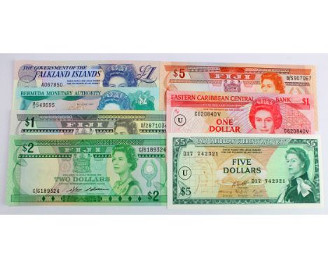 British Commonwealth (7), Queen Elizabeth II portrait Uncirculated group comprising, Fiji (3) 5 Dollars issued 1986, 2 Dollar