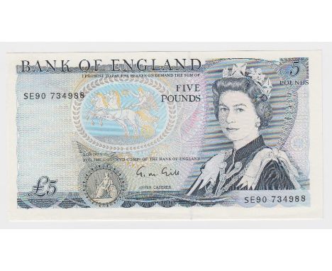 Gill 5 Pounds issued 1988, LAST RUN 'SE90' prefix (from circulation) , serial SE90 734988 (B353, Pick378f) very light signs o
