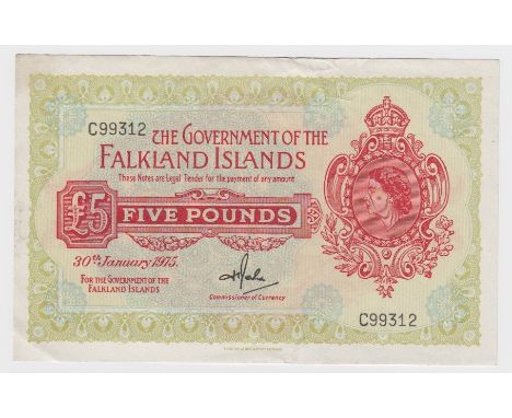 Falkland Islands 5 Pounds dated 30th January 1975, portrait Queen Elizabeth II at right, serial C99312 (TBB B214b, Pick9b) ab