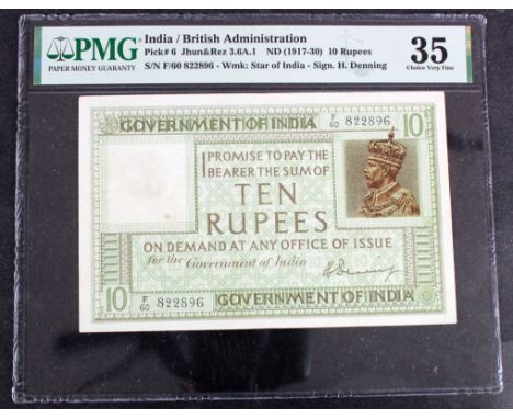 India 10 Rupees issued 1917 - 1930, King George V portrait, signed H. Denning, serial F/60 822896 (TBB B140a, Pick6) in PMG h