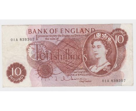 Hollom 10 Shillings issued 1963, a very rare FIRST RUN '01A' prefix, serial 01A 839307 (B295, Pick373b) Fine+ and scarce