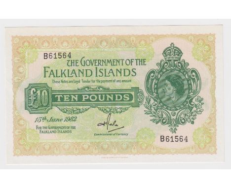 Falkland Islands 10 Pounds dated 15th June 1982, signed H.T. Rowlands, serial B61564 (TBB B216c, Pick11c) light dents in pape