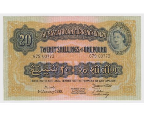 East African Currency Board 20 Shillings or 1 Pound dated 1st January 1955, portrait Queen Elizabeth II at top right, serial 