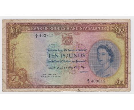 Rhodesia &amp; Nyasaland 10 Pounds dated August 1st 1958, very rare highest denomination note of this issue, portrait Queen E