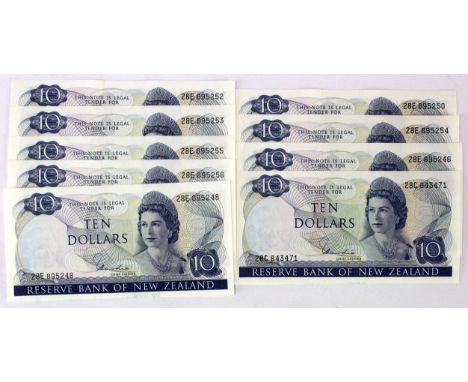 New Zealand 10 Dollars (9) issued 1977 - 1981, portrait Queen Elizabeth II at right, signed H.R. Hardie, including two consec
