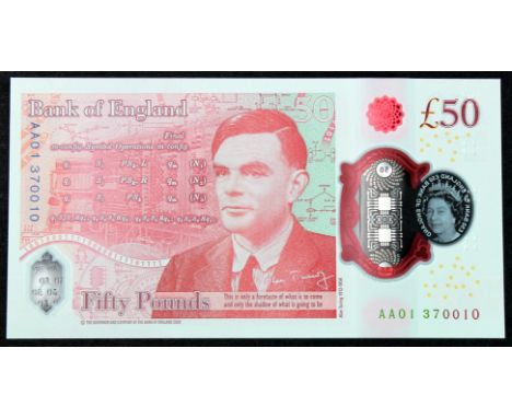 Sarah John 50 Pounds, new polymer issue with portrait of Alan Turing on reverse, a FIRST RUN 'AA01' prefix, serial AA01 37001