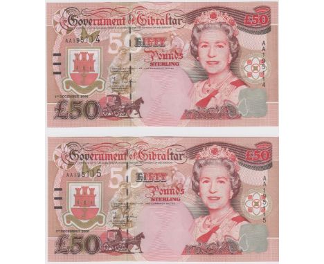 Gibraltar 50 Pounds (2) dated 1st December 2006, Winston Churchill portrait on reverse, a consecutively numbered pair, serial