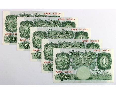 O'Brien 1 Pound (5) issued 1955, a consecutively numbered run of FIRST SERIES sub series, serial A84K 180693 - A84K 180697 (B