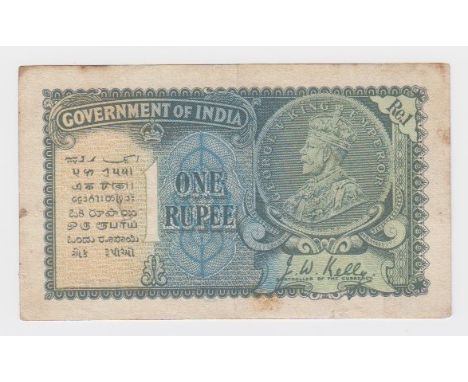 India 1 Rupee dated 1935, portrait King George V at right, signed J.W. Kelly, serial 42/D 492473 (TBB B148c, Pick14a) spindle