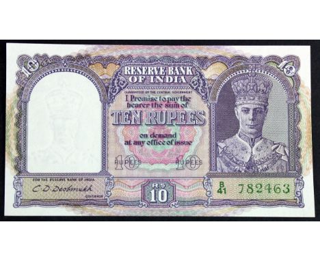 India 10 Rupees issued 1943, signed C.D. Deshmukh, portrait King George VI at right, serial G/41 782463 (TBB B208a, Pick24) u