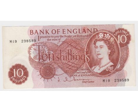Hollom 10 Shillings issued 1963, a rare FIRST RUN REPLACEMENT note 'M19' prefix, serial M19 238589 (B296, Pick373b) EF