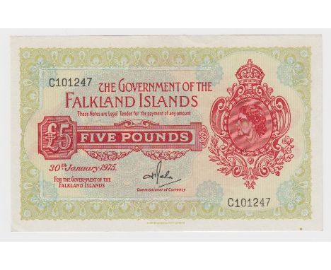 Falkland Islands 5 Pounds dated 30th January 1975, signed H.T. Rowlands, serial C101247 (TBB B214b, Pick9b) light handling/de