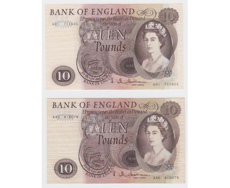 Hollom 10 Pounds (2) issued 1964, FIRST RUN 'A01' prefix, serial A01 711605 (B299, Pick376a) lovely crisp EF+, plus LAST RUN 