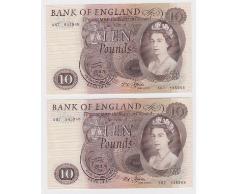 Fforde 10 Pounds issued 1967, a consecutively numbered pair, serial A87 845968 &amp; A87 845969 (B316, Pick376b) very light s