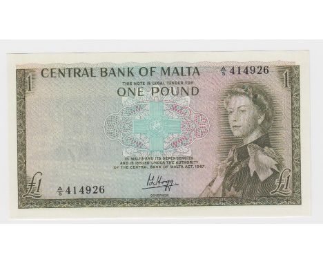 Malta 1 Pound issued 1968, Queen Elizabeth II portrait at right, signed P.L. Hogg, serial A/5 414926 (TBB B202a, Pick29a) Unc
