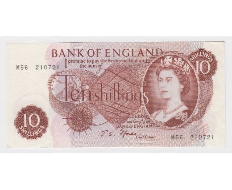 Fforde 10 Shillings issued 1967, rare FIRST RUN REPLACEMENT note 'M56' prefix, serial M56 210721 (B311, Pick373c) VF