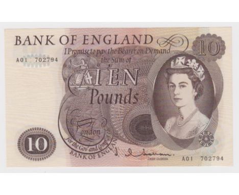Hollom 10 Pounds issued 1964, rare FIRST RUN 'A01' prefix, serial A01 702794 (B299, Pick376a) Uncirculated and exceptionally 