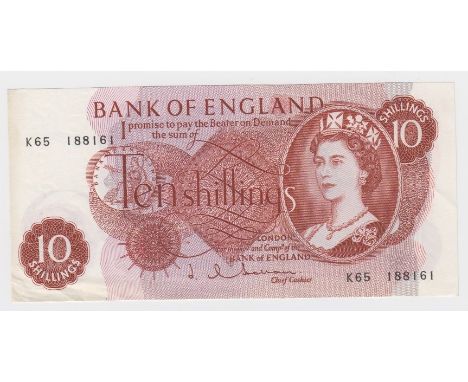 Hollom 10 Shillings issued 1963, a rare FIRST RUN 'K65' prefix, serial K65 188161 (B294, Pick373b) EF