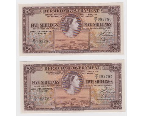 Bermuda 5 Shillings (2) dated 1st May 1957, portrait Queen Elizabeth II at top centre, a consecutively numbered pair, serial 