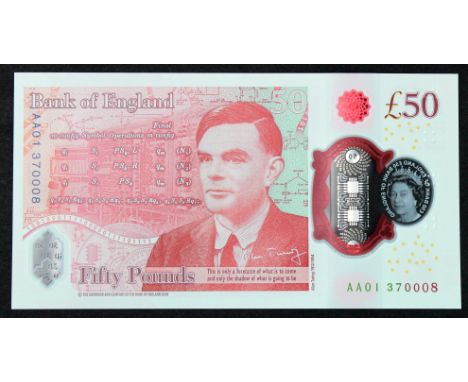 Sarah John 50 Pounds, new polymer issue with portrait of Alan Turing on reverse, a FIRST RUN 'AA01' prefix, serial AA01 37000