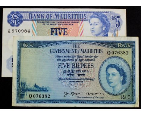 Mauritius (2) Queen Elizabeth II portrait, 5 Rupees issued 1954 serial Q076382 (TBB B324e, Pick27), 5 Rupees issued 1967 seri