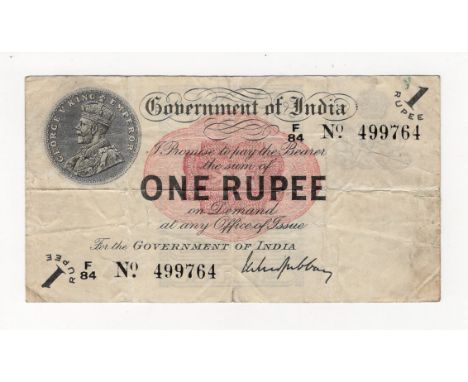 India 1 Rupee dated 1917, portrait King George V at top left, signed Gubbay, serial F/84 499764 (TBB B135b, Pick1g) one edge 