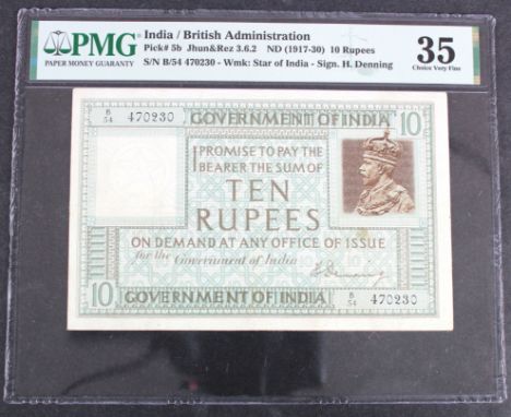 India 10 Rupees issued 1917 - 1930, King George V portrait, signed H. Denning, serial B/54 470230 (TBB B139b, Pick5b) in PMG 