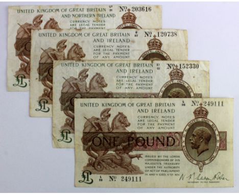 Warren Fisher 1 Pound (4), 1 Pound issued 30th September 1919 (2), serial L/26 249111 and R/97 120738 (T24, Pick357), 1 Pound
