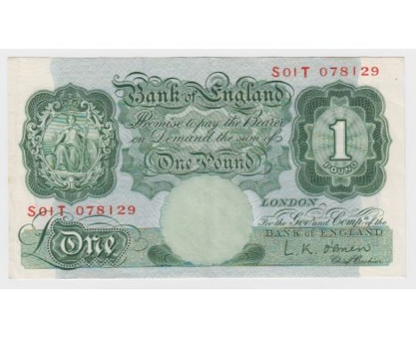 O'Brien 1 Pound issued 1955, scarce FIRST RUN REPLACEMENT note 'S01T' prefix, serial S01T 078129 (B274, Pick369c) VF+ and a s