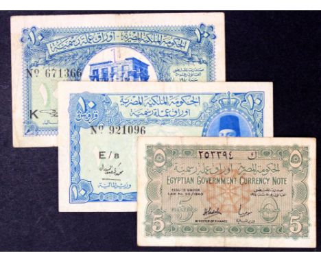 Egypt (3), 10 Piastres issued 1940 Law No.50/1940, King Farouk portrait, E/8 921096 (TBB B213j, Pick168a) 10 Piastres issued 
