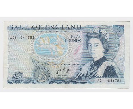 Page 5 Pounds issued 1971, scarce FIRST RUN 'A01' prefix, serial A01 841759 (B332, Pick378a) about VF
