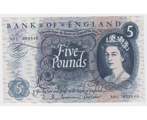 Hollom 5 Pounds issued 1963, FIRST RUN 'A01' prefix, serial A01 858540 (B297, Pick375a) dents in paper, about Uncirculated