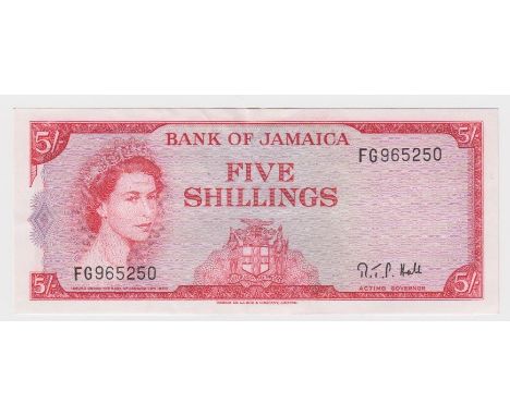 Jamaica 5 Shillings Law 1960 issued 1964, Queen Elizabeth II portrait, signed R.T.P. Hall, serial FG 965250 (TBB B204c, Pick5