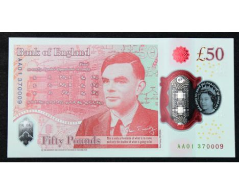 Sarah John 50 Pounds, new polymer issue with portrait of Alan Turing on reverse, a FIRST RUN 'AA01' prefix, serial AA01 37000