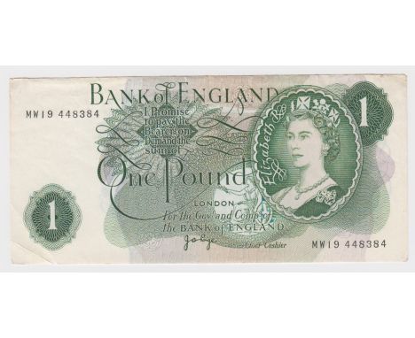 Page 1 Pound issued 1970, a scarce LAST RUN REPLACEMENT note 'MW19' prefix, serial MW19 448384 (B323, Pick374g) light dirt ma