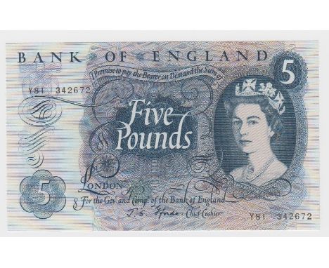 Fforde 5 Pounds issued 1967, serial Y81 342672 (B312, Pick375b) very light dents in paper, about Uncirculated to Uncirculated