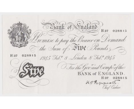 Peppiatt 5 Pounds dated 8th February 1945, serial H37 028815, London issue on thick paper (B255, Pick342) tiny spot, very lig