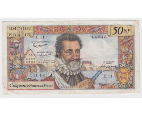 France 50 Nouveaux Francs dated 2nd July 1959, Henry IV portrait at centre, serial C.11 44048 (Pick143a) pinholes as usually 