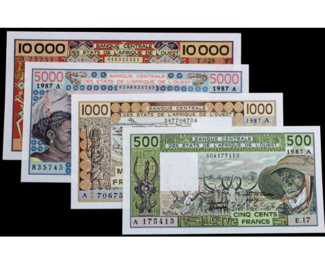 West African States, Ivory Coast (4), 10000 Francs, 5000 Francs, 1000 Francs and 500 Francs dated 1987 (TBB B111A - B114A, Pi