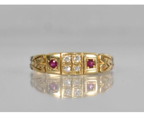 A Victorian Two Colour 18ct Gold, Diamond and Ruby Ring, Four Round Cut Diamonds, Each Approx 1.5mm Diameter in Milgrain Moun