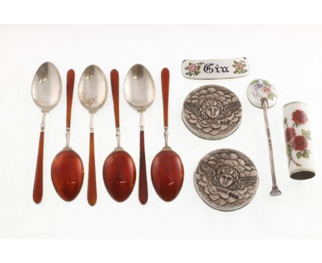 A set of six silver enamel tea spoons (a/f), another single tea spoon, an enamelled 'GIN' label, lipstick holder & two silver