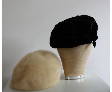 Two high quality vintage hats circa 1950/1960. A black velvet leather trimmed hat in box. Label reads KENDALL MILNE Mancheste