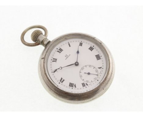 A nickel cased OMEGA top wind pocket watch, working with uncracked enamel dial & signed movement