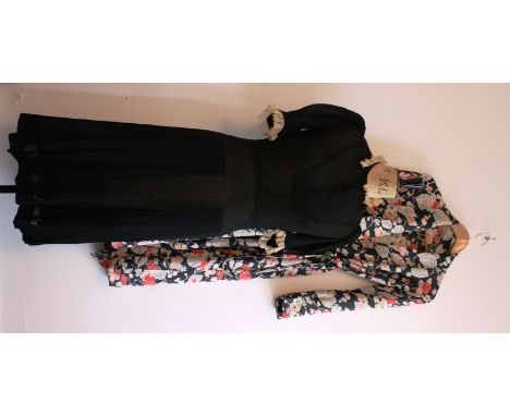 Two 1930s  items. A sheer black waffle fabric 1930s dress. Features puffed shoulders, panel detail, lace trim on collar and c