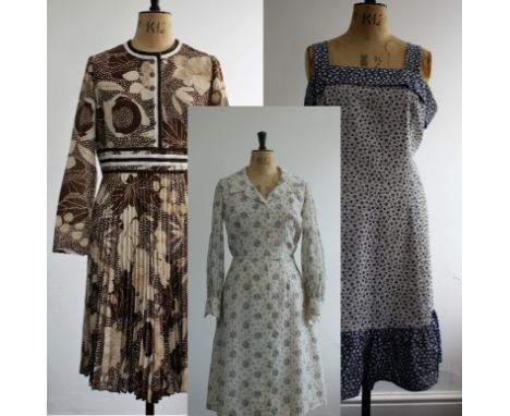 A trio of 1970s day dresses. A quality BERKERTEX shirtwaister dress with pleated skirt in amazing brown and cream print. Vint