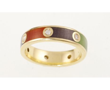 An unusual 18ct H/M diamond set with multi enamel ring, size S & approx 9.1gms